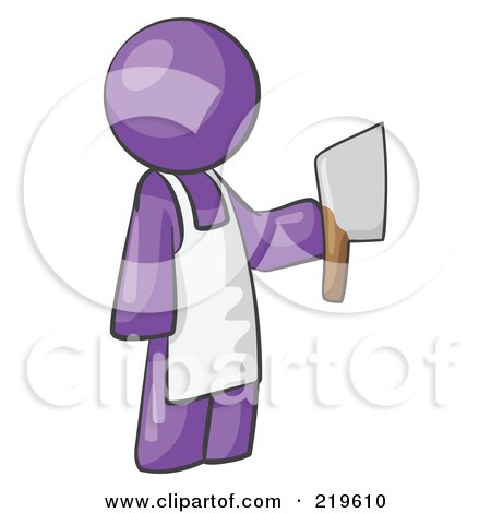 Royalty-Free (RF) Clipart Illustration of a Purple Man Butcher Holding A Meat Cleaver Knife by Leo Blanchette