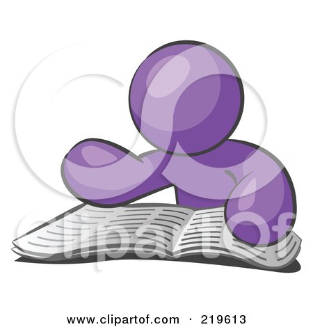 Clipart Illustration of a Purple Man Character Seated And Reading The Daily Newspaper To Brush Up On Current Events by Leo Blanchette
