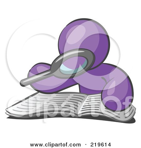 Clipart Illustration of a Purple Man Using A Magnifying Glass To Examine The Facts In The Daily Newspaper by Leo Blanchette