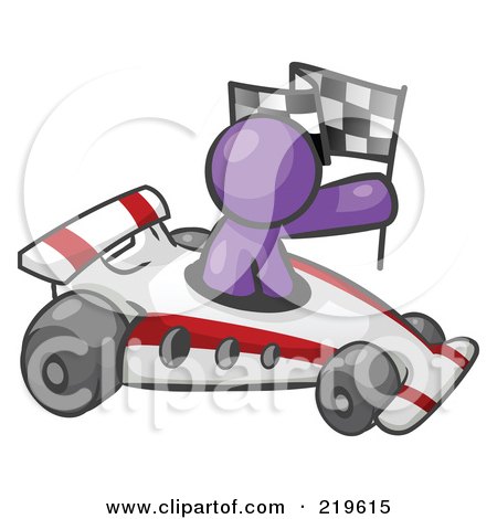 Clipart Illustration of a Purple Man Driving A Fast Race Car Past Flags While Racing by Leo Blanchette
