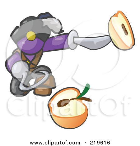 Royalty-Free (RF) Clipart Illustration of a Purple Man Pirate With A Hook Hand, Holding A Sliced Apple On A Sword by Leo Blanchette