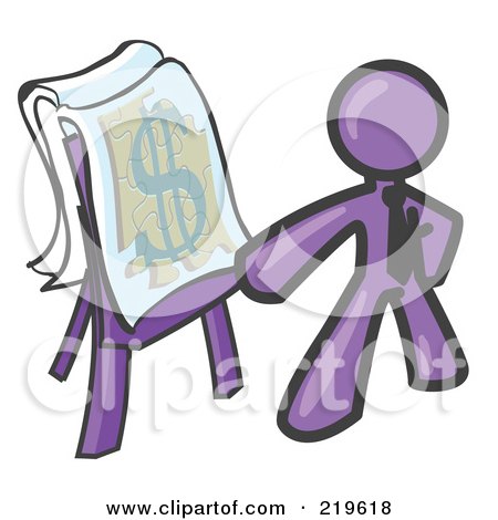 Royalty-Free (RF) Clipart Illustration of a Purple Business Man Standing by a Dollar Sign Puzzle on a Presentation Board During a Meeting by Leo Blanchette