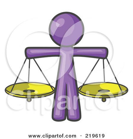Royalty-Free (RF) Clipart Illustration of a Purple Man Scales Of Justice With Two Gold Scales by Leo Blanchette