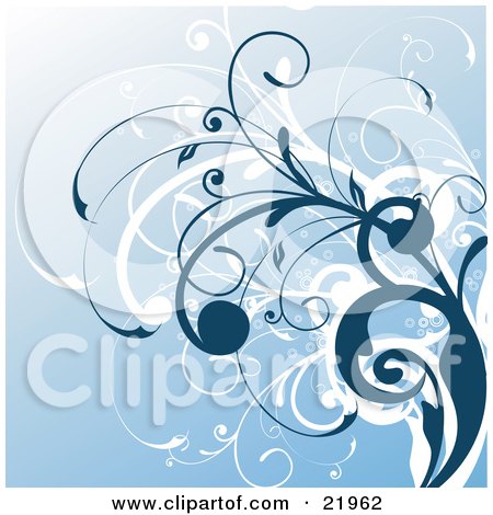 Clipart Picture Illustration of White And Dark Blue Curling Vines On A Gradient Blue Background by OnFocusMedia