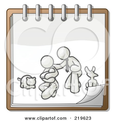 Royalty-Free (RF) Clipart Illustration of a White Family Showing A Man Kneeling Beside His Wife And Newborn Baby With Their Dog And Cat On A Notebook, Symbolizing Family Planning by Leo Blanchette