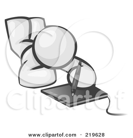 Royalty-Free (RF) Clipart Illustration of a White Design Mascot Laying On His Belly And Drawing On A Tablet by Leo Blanchette