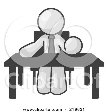 Royalty-Free (RF) Clipart Illustration of a White Businessman Seated at a Desk, Instructing Employees by Leo Blanchette