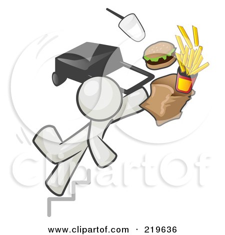 Royalty-Free (RF) Clipart Illustration of a White Man Tripping On Stairs, With Fast Food And A Rolling Briefcase Flying by Leo Blanchette