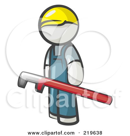 Royalty-Free (RF) Clipart Illustration of a White Man Design Mascot With A Red Pipe Wrench by Leo Blanchette