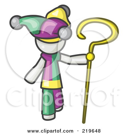 Royalty-Free (RF) Clipart Illustration of a White Man In A Jester Costume, Holding A Yellow Staff by Leo Blanchette