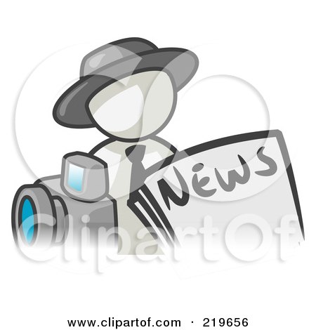 Royalty-Free (RF) Clipart Illustration of a White Man Wearing A Hat, Posed In Front Of The News And A Camera by Leo Blanchette