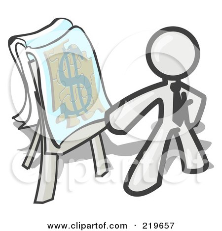 Royalty-Free (RF) Clipart Illustration of a White Business Man Standing by a Dollar Sign Puzzle on a Presentation Board During a Meeting by Leo Blanchette