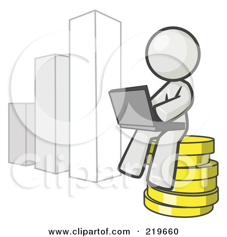 Royalty-Free (RF) Clipart Illustration of a White Man Sitting On Coins And Using A Laptop By A Bar Graph by Leo Blanchette