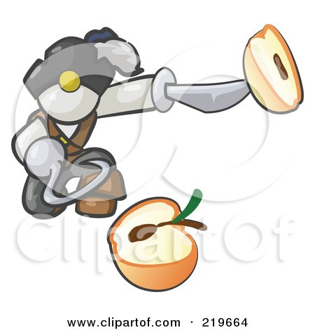 Royalty-Free (RF) Clipart Illustration of a White Man Pirate With A Hook Hand, Holding A Sliced Apple On A Sword by Leo Blanchette