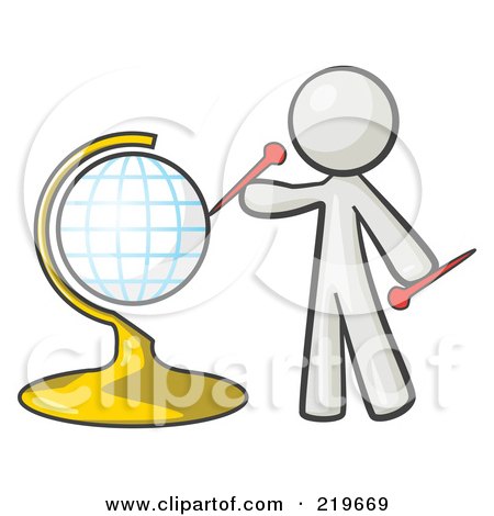 Royalty-Free (RF) Clipart Illustration of a White Man Inserting Pins On A Globe by Leo Blanchette