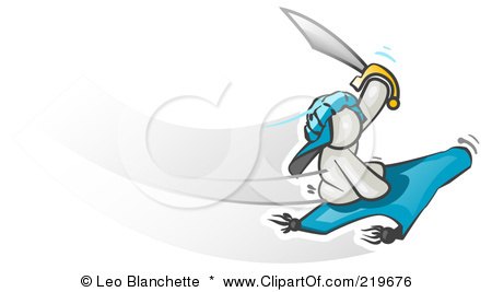 Royalty-Free (RF) Clipart Illustration of a White Man Holding up a Sword and Flying on a Magic Carpet by Leo Blanchette