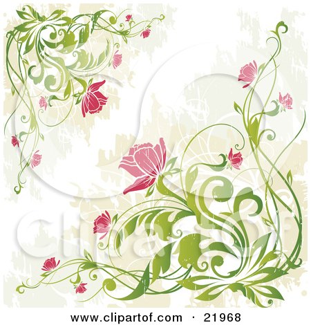 Clipart Picture Illustration of Corners Of Leafy Green Plants Blossoming With Pink Flowers Over A Green, Tan And White Background by OnFocusMedia