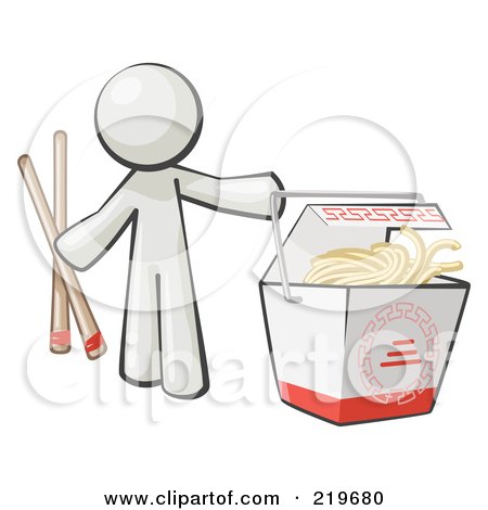 Royalty-Free (RF) Clipart Illustration of a White Man Design Mascot Holding Chopsticks By A Chinese Takeout Container by Leo Blanchette