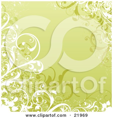 Clipart Picture Illustration of Intricate White And Green Vines Over A Green Background by OnFocusMedia