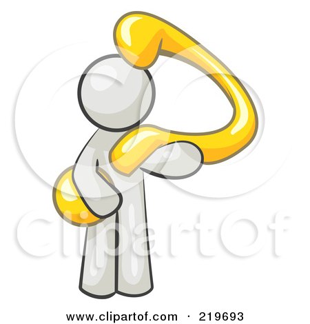 Royalty-Free (RF) Clipart Illustration of a White Man Carrying A Large Yellow Question Mark Over His Shoulder, Symbolizing Curiosity, Uncertainty Or Confusion  by Leo Blanchette