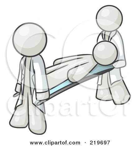 Royalty-Free (RF) Clipart Illustration of an Injured White Man Being Carried On A Gurney To An Ambulance Or Into The Hospital By Two Paramedics After An Accident Or Health Problem  by Leo Blanchette
