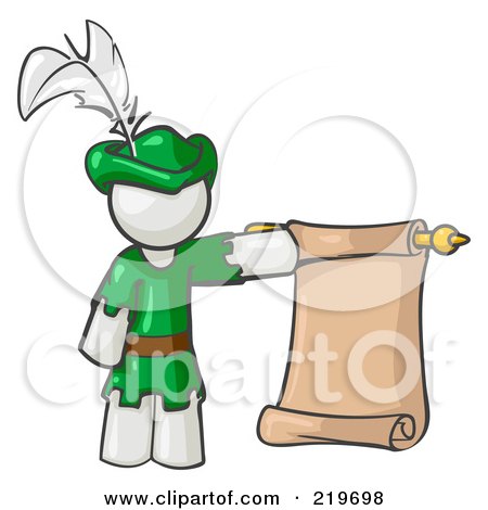 Royalty-Free (RF) Clipart Illustration of a White Man Dressed As Robin Hood With A Feather In His Hat, Holding A Blank Scroll And Acting As A Pageboy by Leo Blanchette