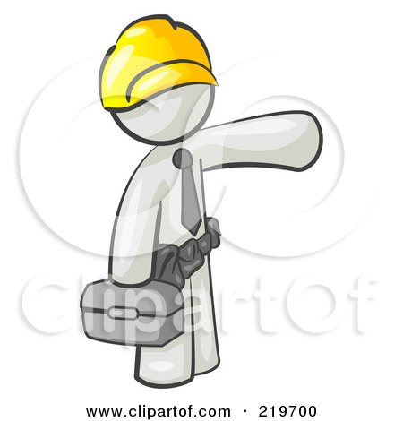 Royalty-Free (RF) Clipart Illustration of a White Man, A Construction Worker, Handyman Or Electrician, Wearing A Yellow Hardhat And Tool Belt And Carrying A Metal Toolbox While Pointing To The Right  by Leo Blanchette