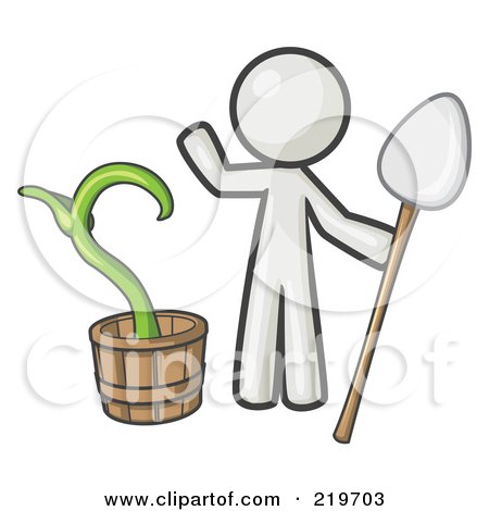 Royalty-Free (RF) Clipart Illustration of a White Man Holding A Shovel By A Potted Plant by Leo Blanchette