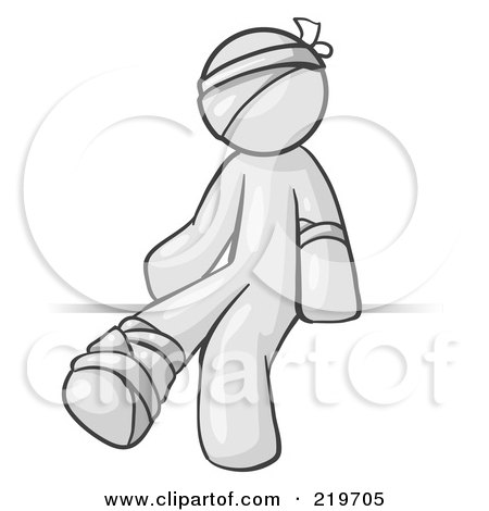 Royalty-Free (RF) Clipart Illustration of an Injured White Man Sitting In The Emergency Room After Being Bandaged Up On The Head, Arm And Ankle Following An Accident Clipart Graphic by Leo Blanchette
