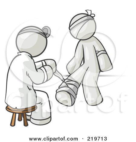 Royalty-Free (RF) Clipart Illustration of a White Male Doctor In A Lab Coat, Sitting On A Stool And Bandaging A Patient That Has Been Hurt On The Head, Arm And Ankle by Leo Blanchette