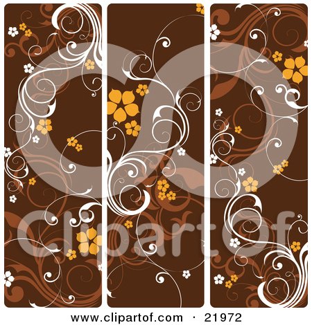 Clipart Picture Illustration of Three Frames Of White And Brown Vines With Orange Flowers Over Brown by OnFocusMedia