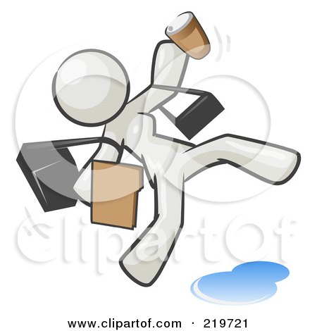 Royalty-Free (RF) Clipart Illustration of an Overwhelmed White Woman Slipping On A Puddle Of Water by Leo Blanchette