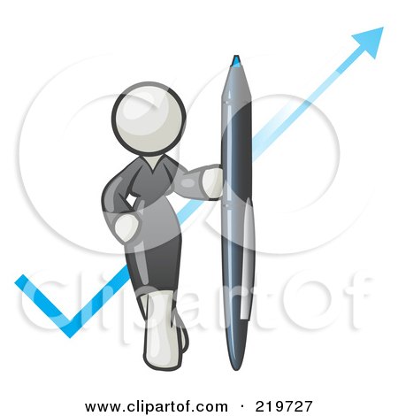 Royalty-Free (RF) Clipart Illustration of a White Lady In A Gray Dress, Standing With A Giant Pen In Front Of A Blue Check Mark by Leo Blanchette