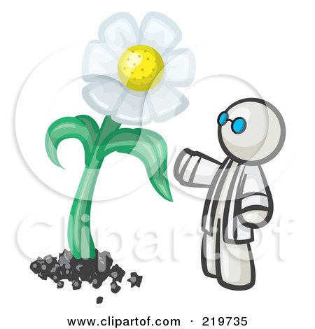 Royalty-Free (RF) Clipart Illustration of a White Man Scientist Admiring A Giant White Daisy Flower by Leo Blanchette