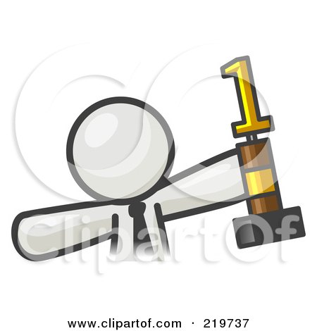 Royalty-Free (RF) Clipart Illustration of a Proud White Business Man Holding Up A First Place Trophy by Leo Blanchette