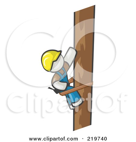 Royalty-Free (RF) Clipart Illustration of a White Man Design Masccot Worker Climbing A Phone Pole by Leo Blanchette