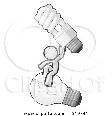 Royalty-Free (RF) Clipart Illustration of a White Man Design Mascot Sitting On An Old Light Bulb And Holding Up A New, Energy Efficient Bulb by Leo Blanchette