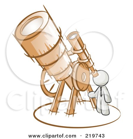 Royalty-Free (RF) Clipart Illustration of a White Man Looking Through A Huge Telescope Up At The Stars In The Night Sky by Leo Blanchette