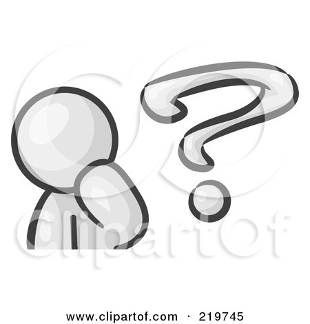 Royalty-Free (RF) Clipart Illustration of a White Man Rubbing His Chin And Posed By A Question Mark, Symbolizing, Curiosity, Confusion And Uncertainty by Leo Blanchette