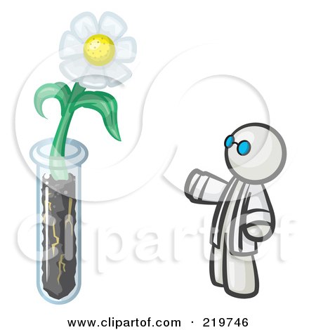 Royalty-Free (RF) Clipart Illustration of a White Man Scientist By A Giant White Daisy Flower In A Test Tube by Leo Blanchette