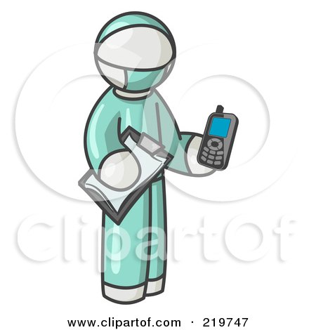 Royalty-Free (RF) Clipart Illustration of a White Surgeon Man Holding a Clipboard and Cellular Telephone by Leo Blanchette