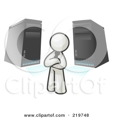 Royalty-Free (RF) Clipart Illustration of a White Business Man Standing in Front of Servers by Leo Blanchette
