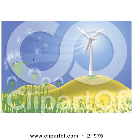 Clipart Illustration Picture of Wishy Blow Dandelions Being Blown In A Breeze Cast By A Wind Turbine On A Hilly Landscape by Paulo Resende