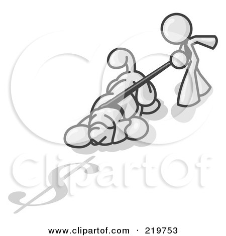 Royalty-Free (RF) Clipart Illustration of a White Man Walking a Dog That is Pulling on a Leash to Sniff a Shadow of a Dollar Sign on the Ground by Leo Blanchette