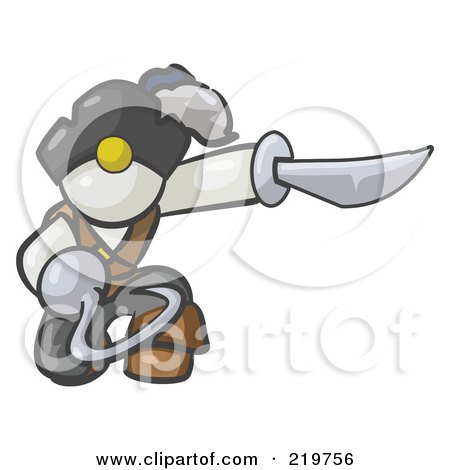 Royalty-Free (RF) Clipart Illustration of a Kneeling White Man Pirate With A Hook Hand And A Sword by Leo Blanchette