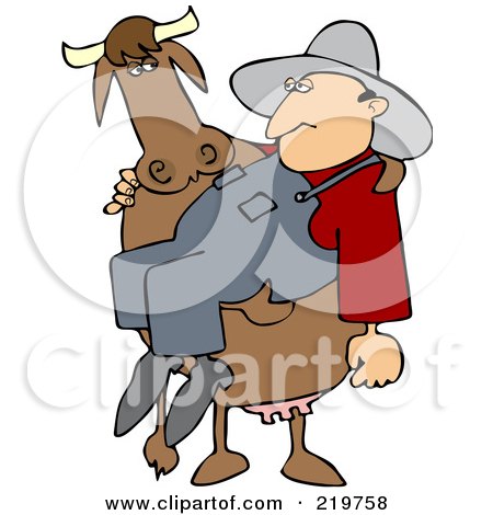 Royalty-Free (RF) Clipart Illustration of a Big Cow Carrying A Farm Worker In His Arms by djart