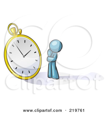 Royalty-Free (RF) Clipart Illustration of a Denim Blue Design Mascot Man Worried And Watching A Clock by Leo Blanchette