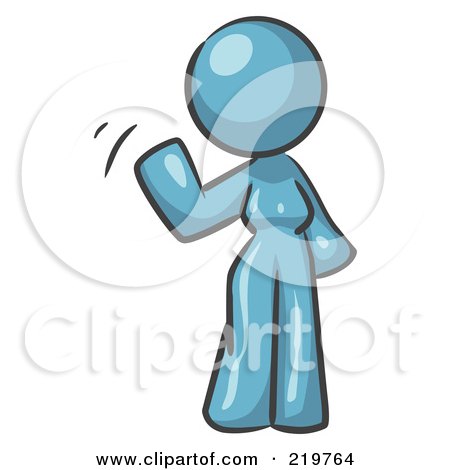Royalty-Free (RF) Clipart Illustration of a Denim Blue Design Mascot Woman Waving by Leo Blanchette