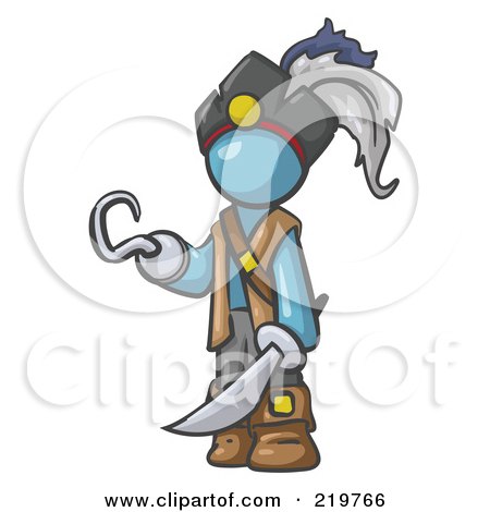 Royalty-Free (RF) Clipart Illustration of a Denim Blue Man Pirate With A Hook Hand And A Sword by Leo Blanchette
