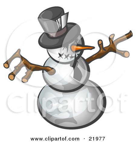 Clipart Picture Illustration of a Wicked Snowman With A Stitched Mouth And Carrot Nose, Wearing A Tie And Hat by Leo Blanchette